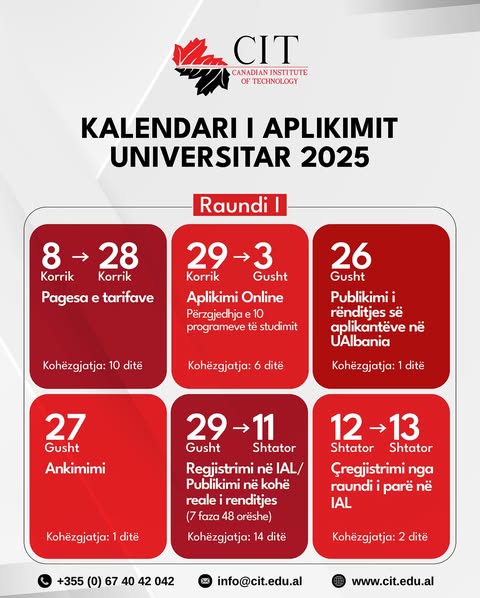University Application Calendar 2025: Apply to Canadian Institute of Technology via U-Albania
